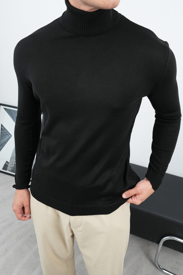 Regular Fit Siyah Tam Balıkçı Yaka Triko Kazak