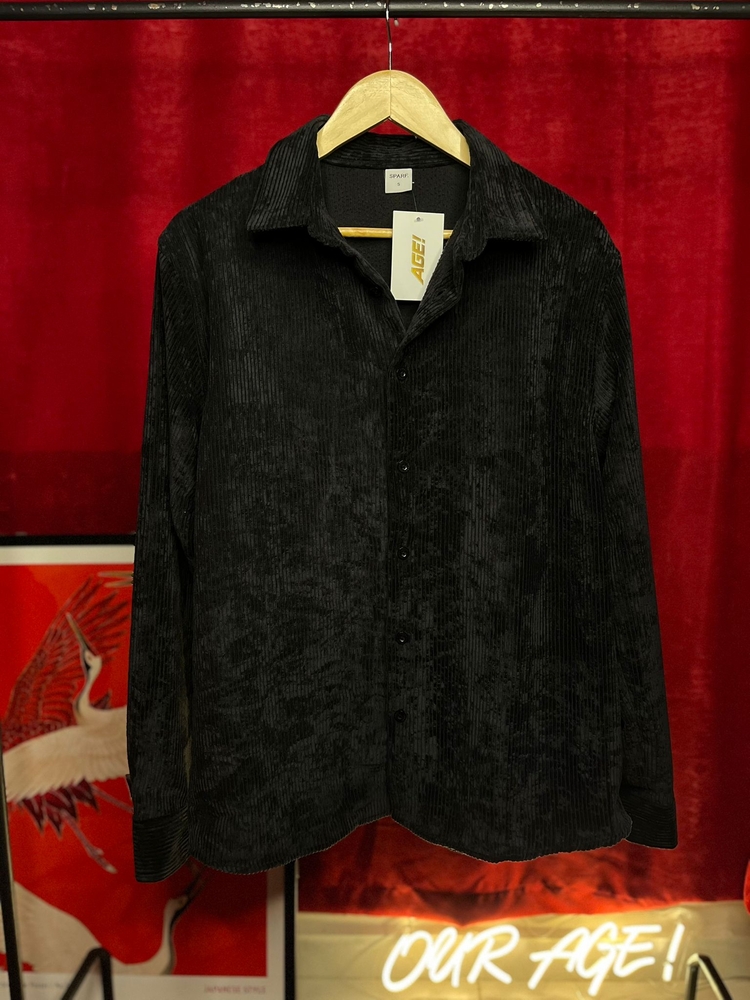Relaxed Fit Düğmeli Siyah Kadife Gömlek