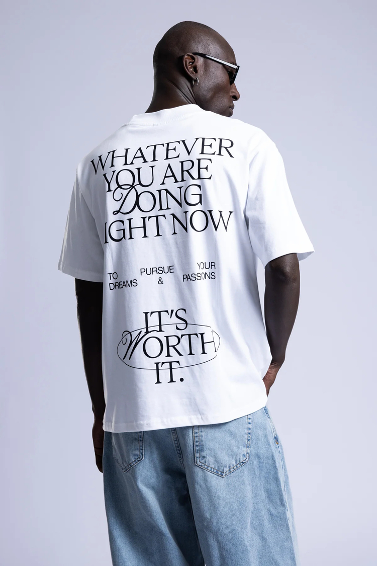 Oversize Fit Bisiklet Yaka %100 Pamuk Beyaz Baskılı Erkek T-Shirt