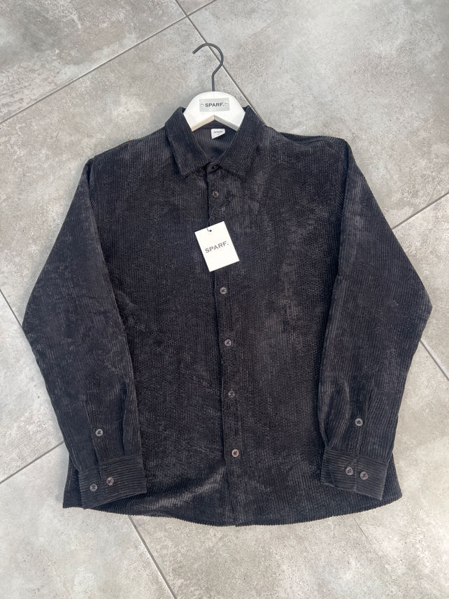 Relaxed Fit Düğmeli Siyah Kadife Gömlek