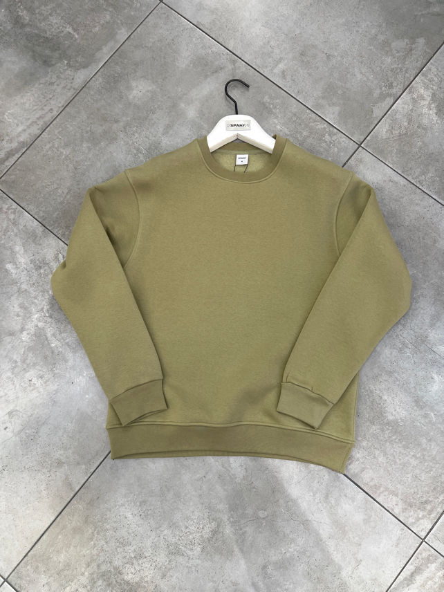 Bisiklet Yaka 3 İplik Şardonlu Pamuklu Haki Sweatshirt