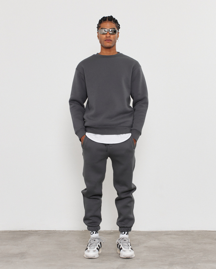 Bisiklet Yaka 3 İplik Şardonlu Pamuklu Antrasit Sweatshirt
