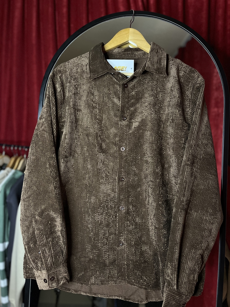 Relaxed Fit Düğmeli Kahverengi Kadife Gömlek