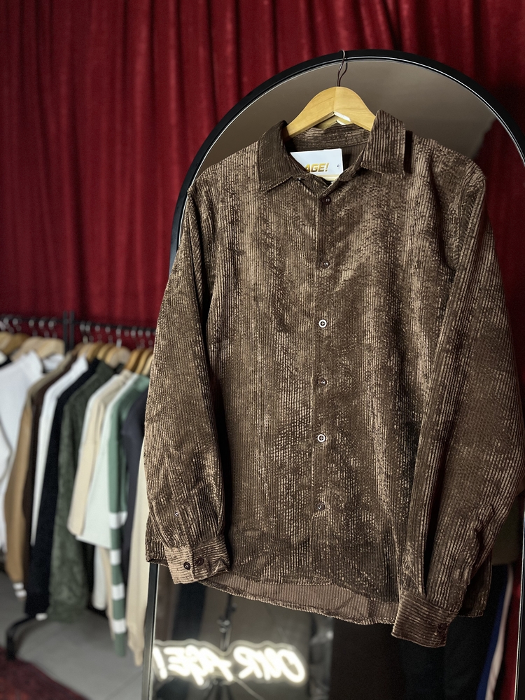 Relaxed Fit Düğmeli Kahverengi Kadife Gömlek