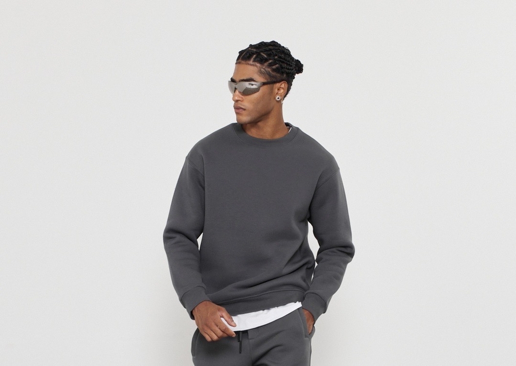 Bisiklet Yaka 3 İplik Şardonlu Pamuklu Antrasit Sweatshirt