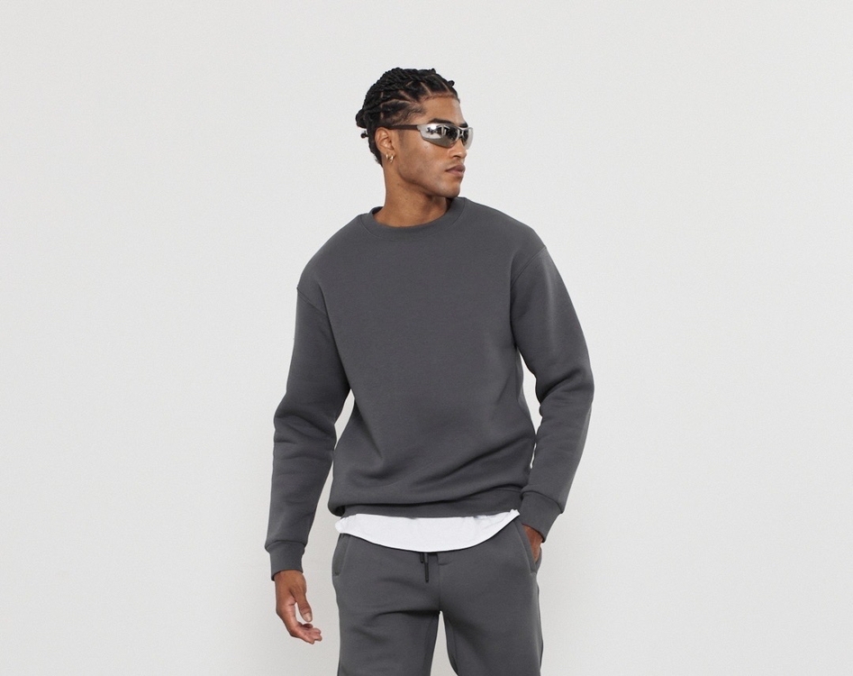 Bisiklet Yaka 3 İplik Şardonlu Pamuklu Antrasit Sweatshirt