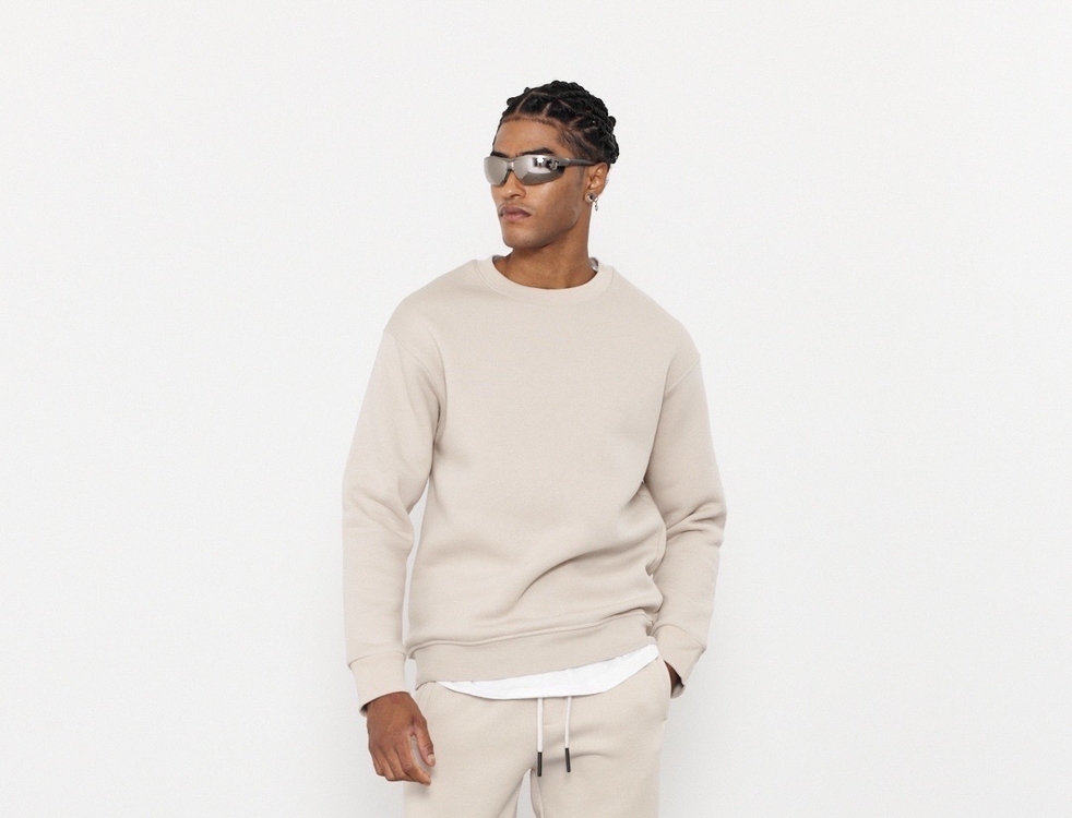 Bisiklet Yaka 3 İplik Şardonlu Pamuklu Bej Sweatshirt