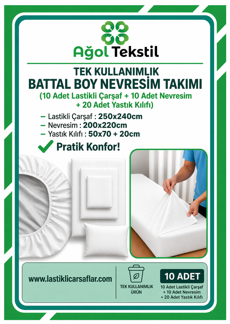 Tek Kullanımlık Battal Boy Nevresim Takımı - 10lu Set (Carsaf Nevresim 2 Yastık Kılıfı)
