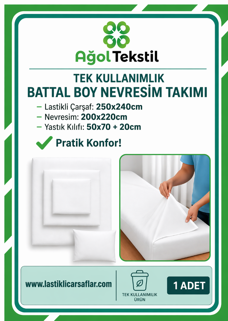 Ağol Tekstil Tek Kullanımlık Battal Boy Nevresim Takımı Lastikli Çarşaflı Beyaz