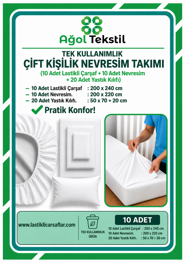 Çift Kişilik Nevresim Takımı – 10’lu Set | Tek Kullanımlık Lastikli Çarşaflı Yatak Seti