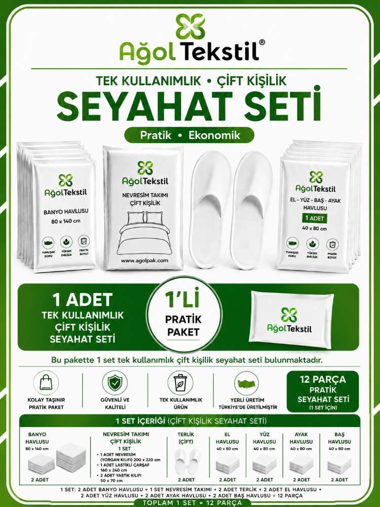 Çift Kişilik Tek Kullanımlık Seyahat Seti – Nevresim Takımı + 10’lu Havlu Paketi
