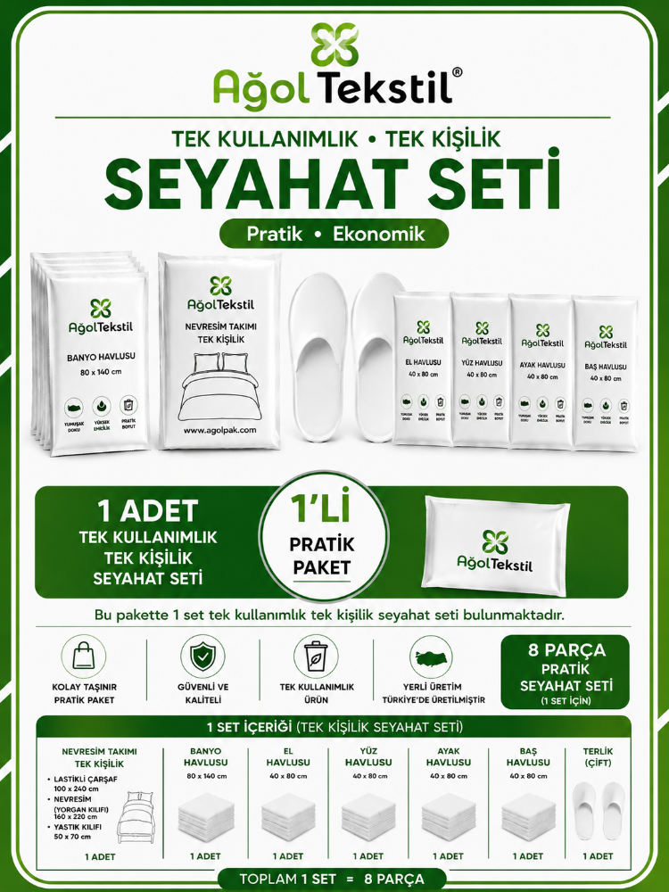 Tek Kişilik Tek Kullanımlık Seyahat Seti – Nevresim + 5’li Havlu