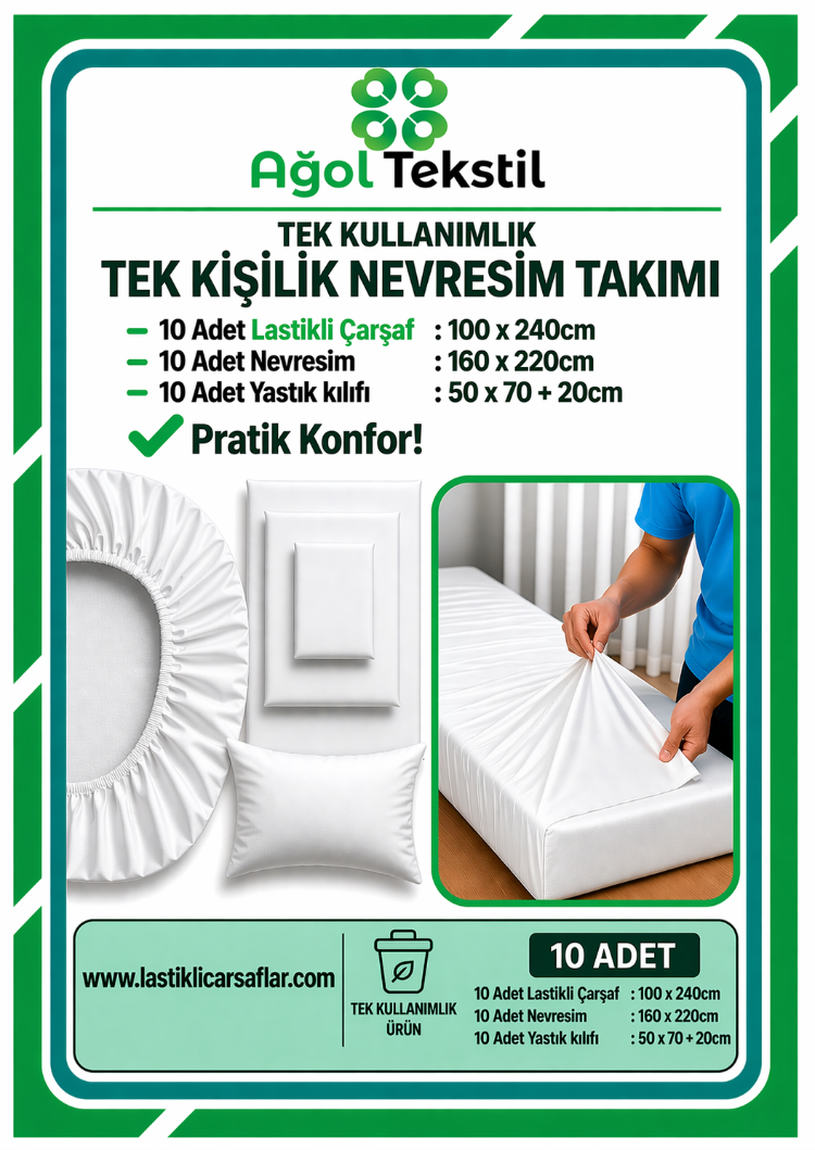 Tek Kullanimlik Tek Kisilik Nevresim Takimi – 10lu Set Lastikli Carsafli Yatak Seti