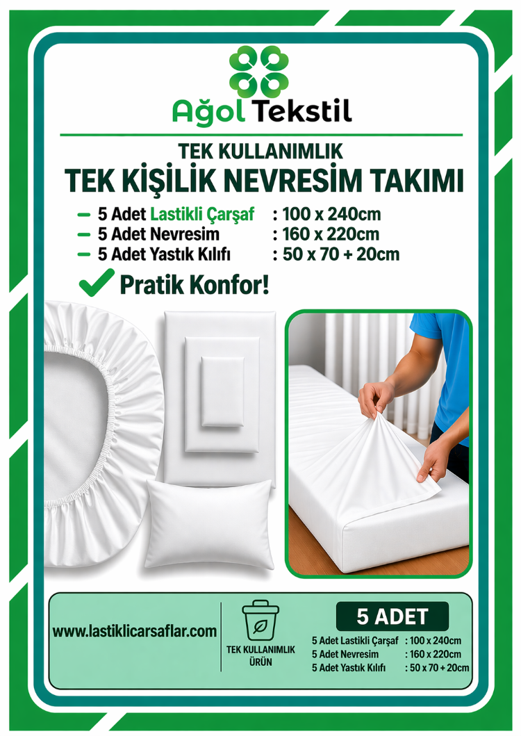 Tek Kullanimlik Tek Kisilik Nevresim Takimi 5li Set Carsaf Yorgan Kilifi Yastik Kilifi