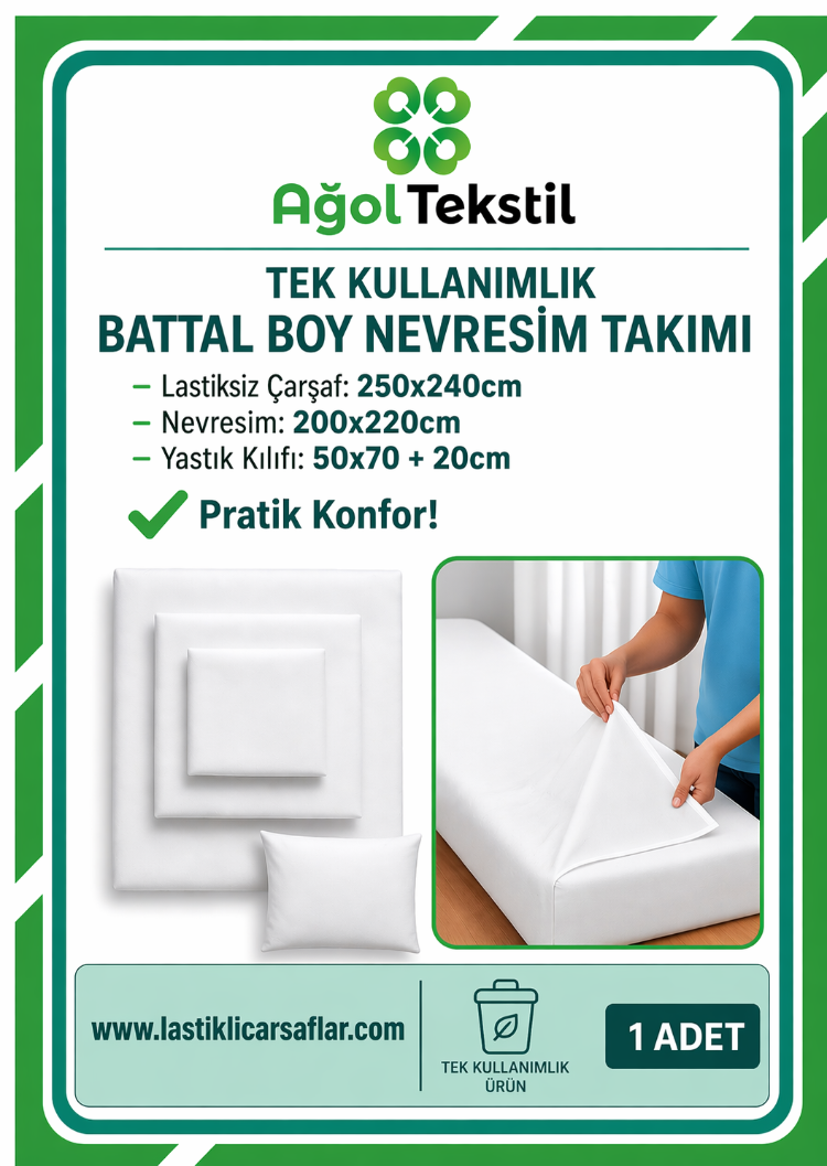 Ağol Tekstil Tek Kullanımlık Battal Boy Nevresim Takımı  Lastiksiz Çarşaflı Nonwoven Beyaz