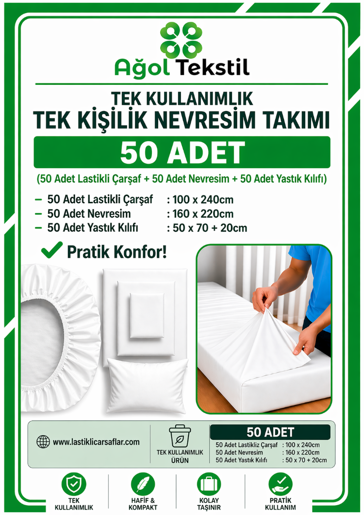 50’li Tek Kişilik Nevresim Takımı | Tek Kullanımlık, Beyaz, Pratik ve Ekonomik Paket
