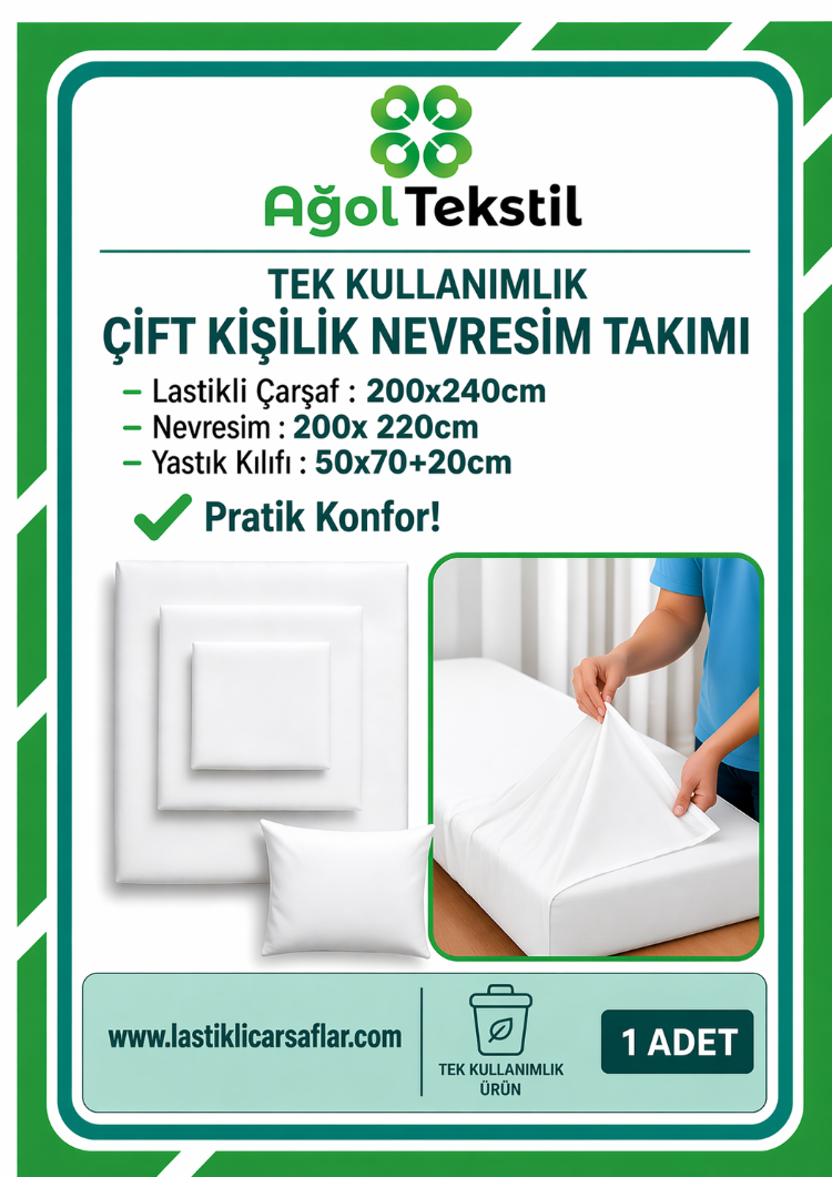 Tek Kullanımlık Çift Kişilik Nevresim – Lastiksiz Çarşaf + Yorgan ve Yastık Kılıfı