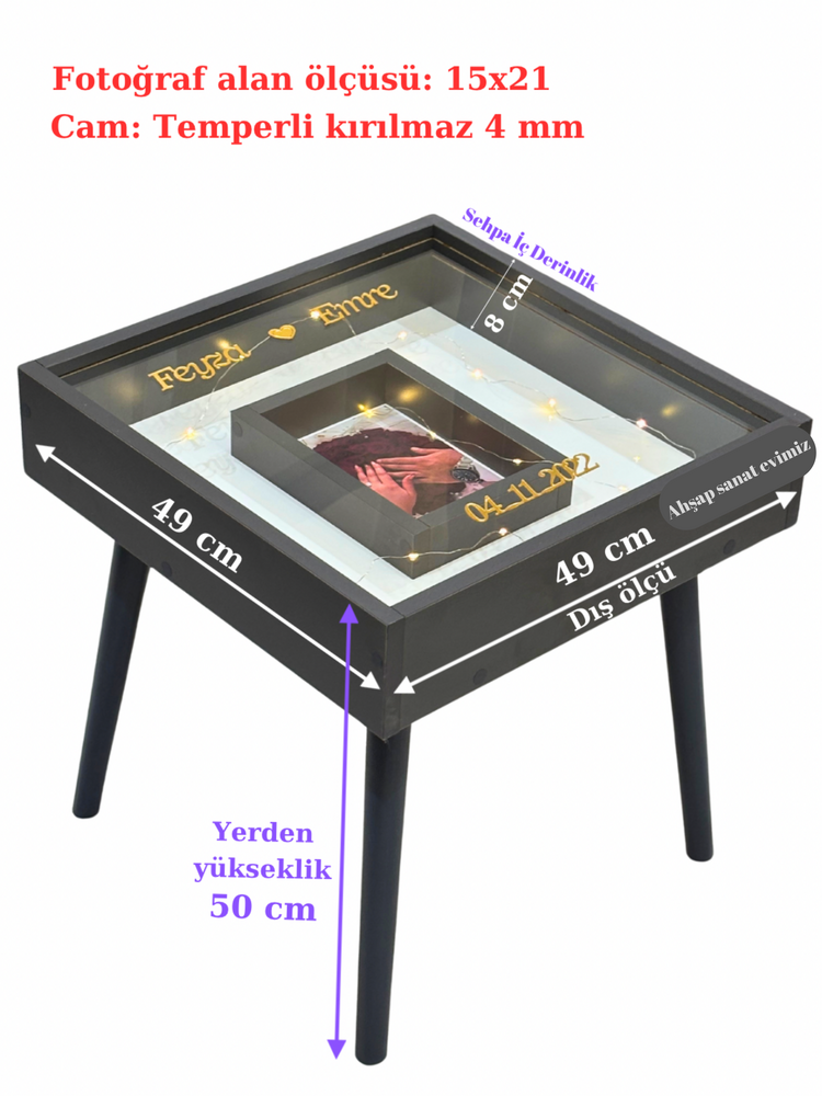 FOTOĞRAF BÖLMELİ LED IŞIKLI ANI SEHPASI ANTRASİT RENK (açıklamayı oku)