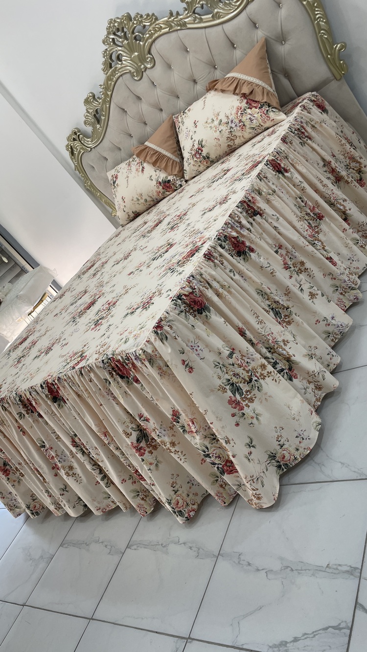çift kişilik 160x200 cm yatak için fırfırlı etekli lastikli çarşaf takımı ve pike
