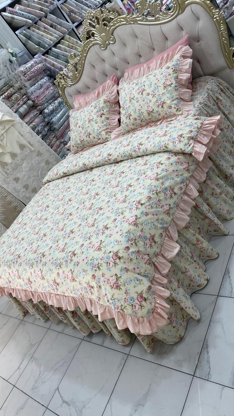 çift kişilik 160x200 cm yatak için fırfırlı etekli lastikli çarşaf, nevresim takımı