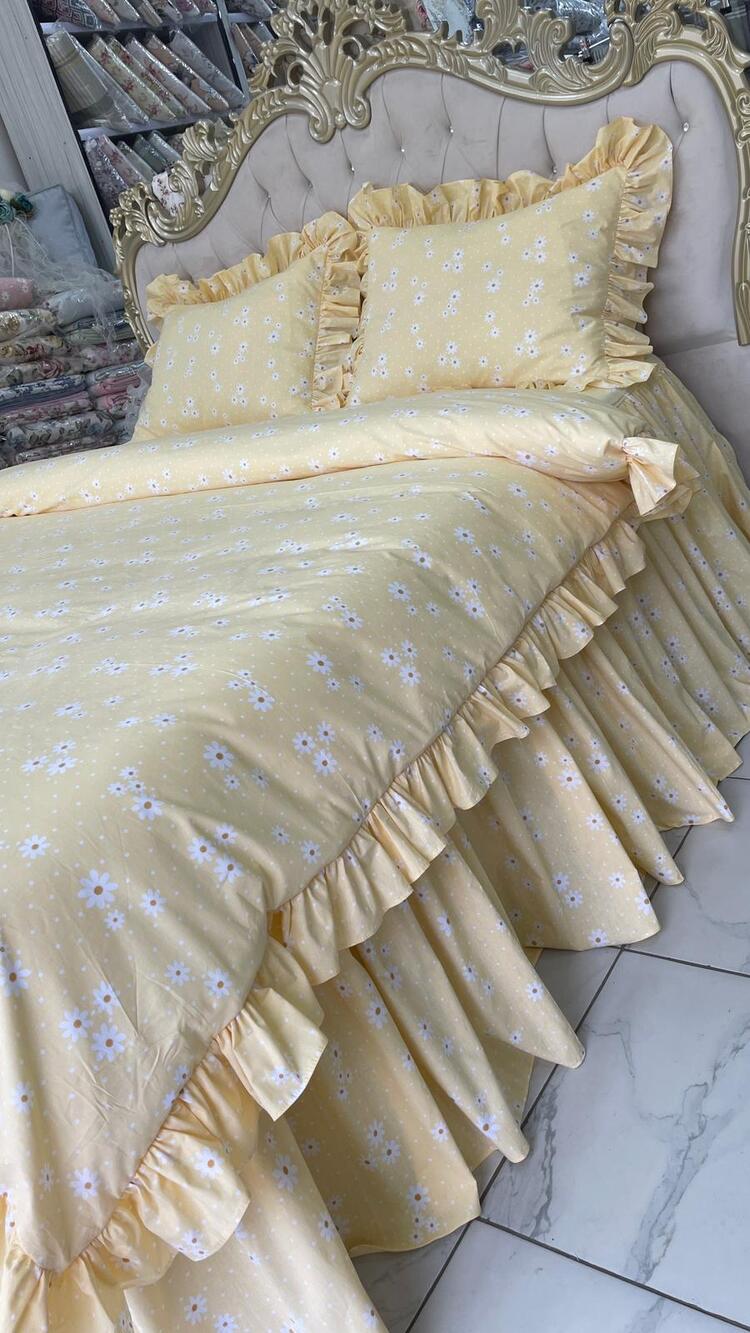 çift kişilik 160x200 cm yatak için fırfırlı etekli lastikli çarşaf, nevresim takımı