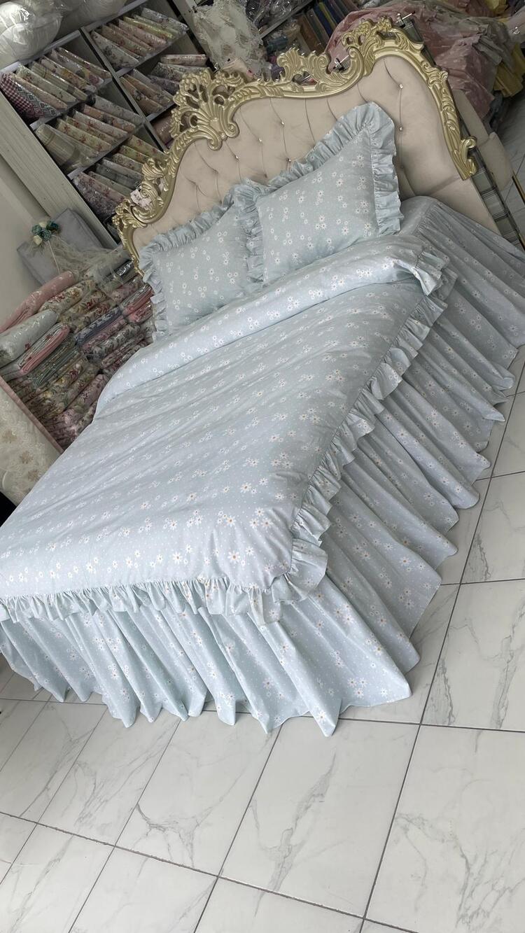 çift kişilik 160x200 cm yatak için fırfırlı etekli lastikli çarşaf, nevresim takımı