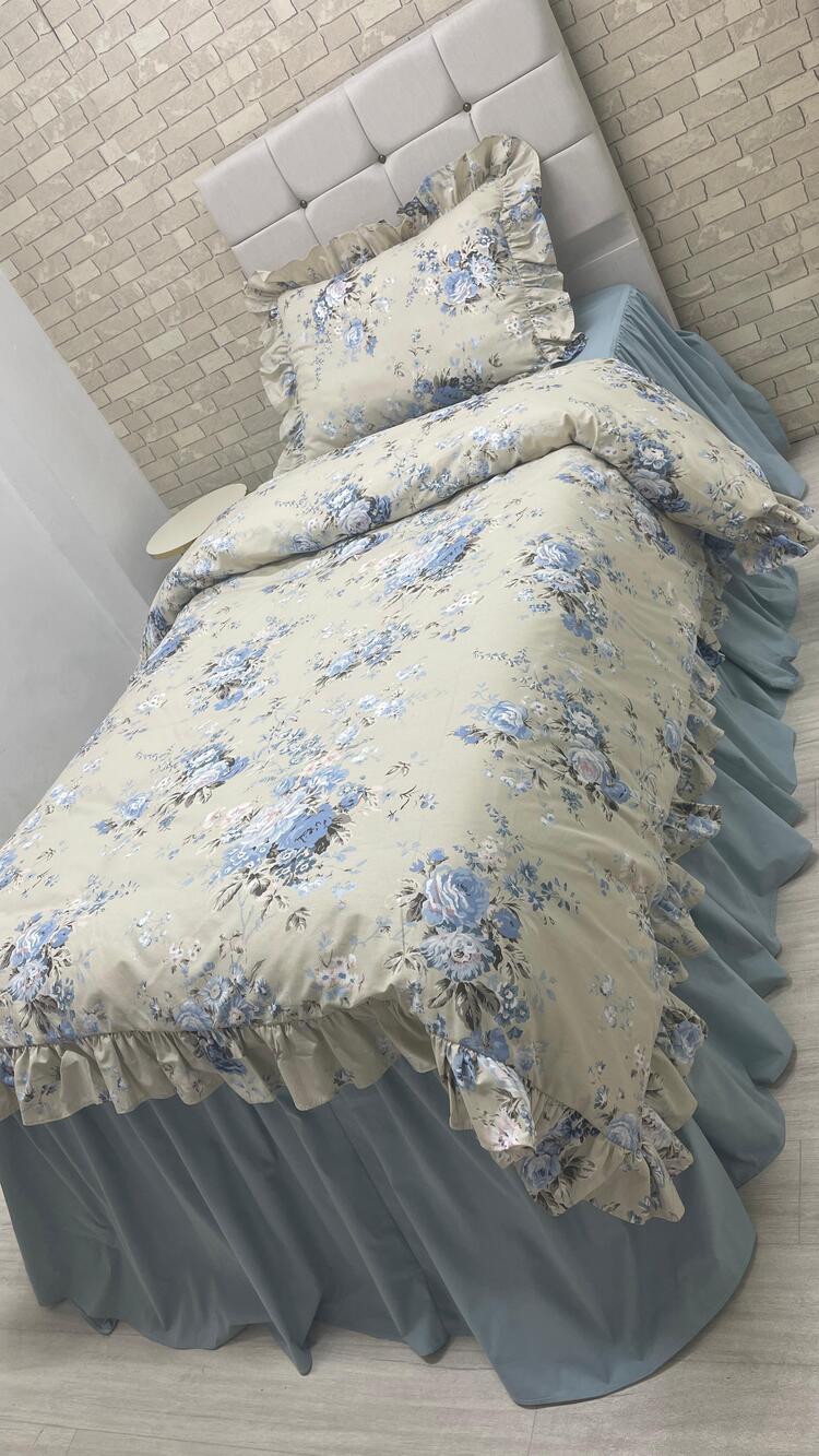 Tek kişilik 100x200 cm yatak için fırfırlı etekli lastikli çarşaf, nevresim takımı