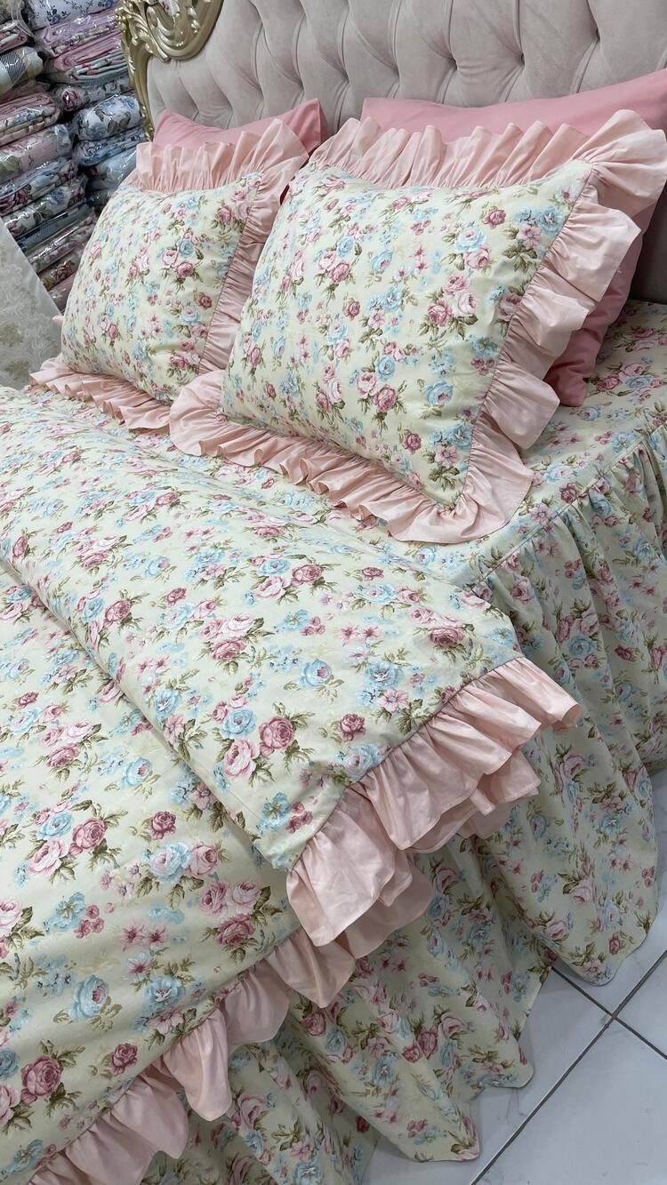 çift kişilik 160x200 cm yatak için fırfırlı etekli lastikli çarşaf, nevresim takımı