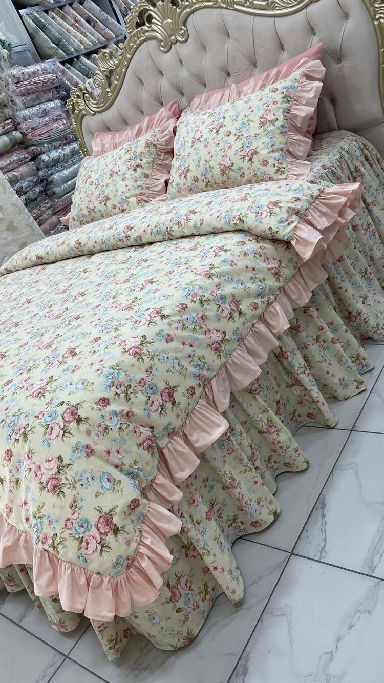 çift kişilik 160x200 cm yatak için fırfırlı etekli lastikli çarşaf, nevresim takımı