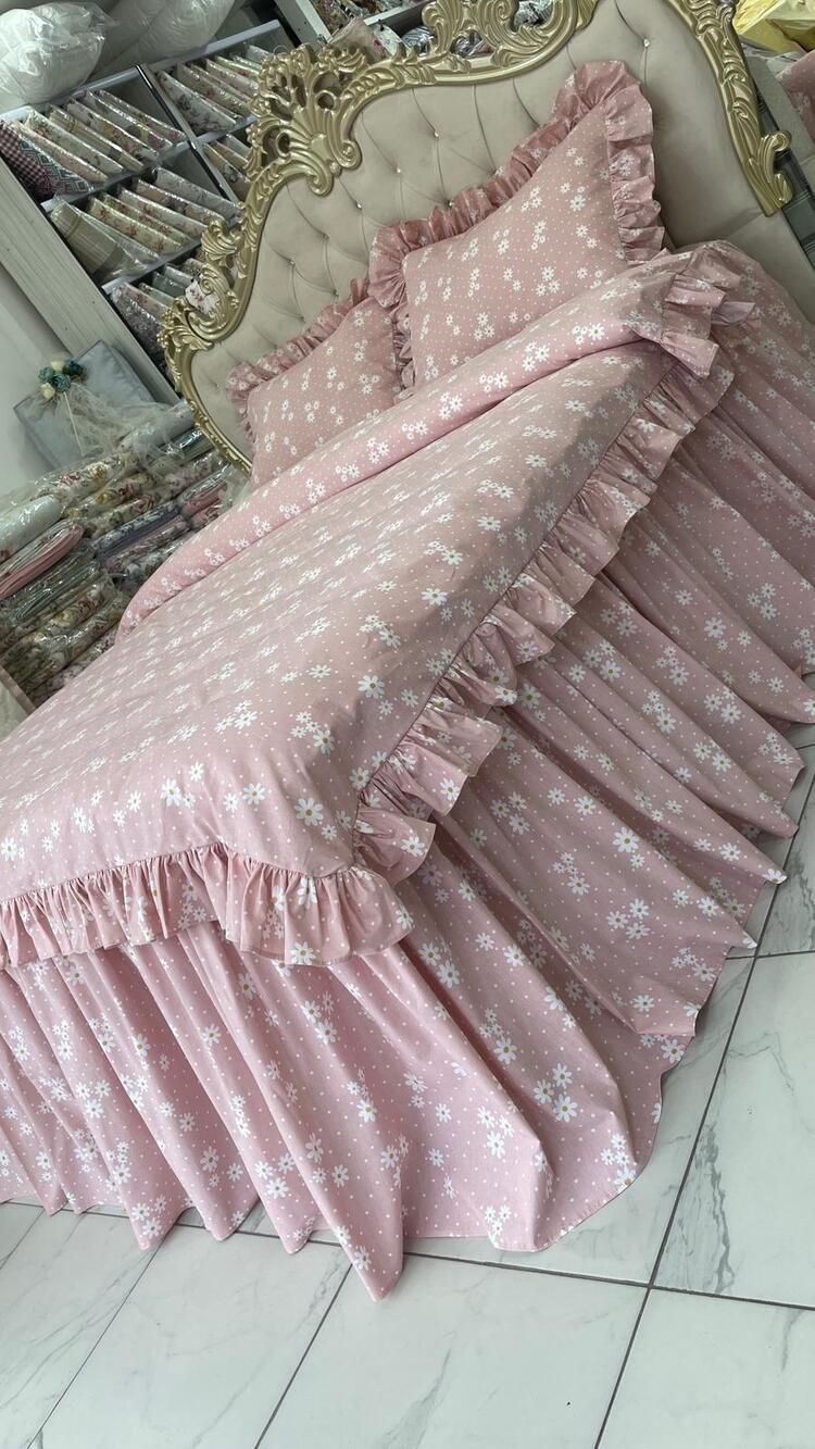 çift kişilik 160x200 cm yatak için fırfırlı etekli lastikli çarşaf, nevresim takımı