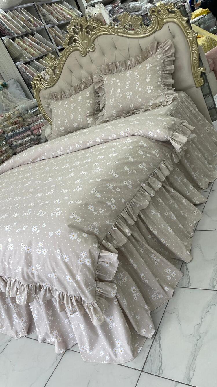 çift kişilik 160x200 cm yatak için fırfırlı etekli lastikli çarşaf, nevresim takımı