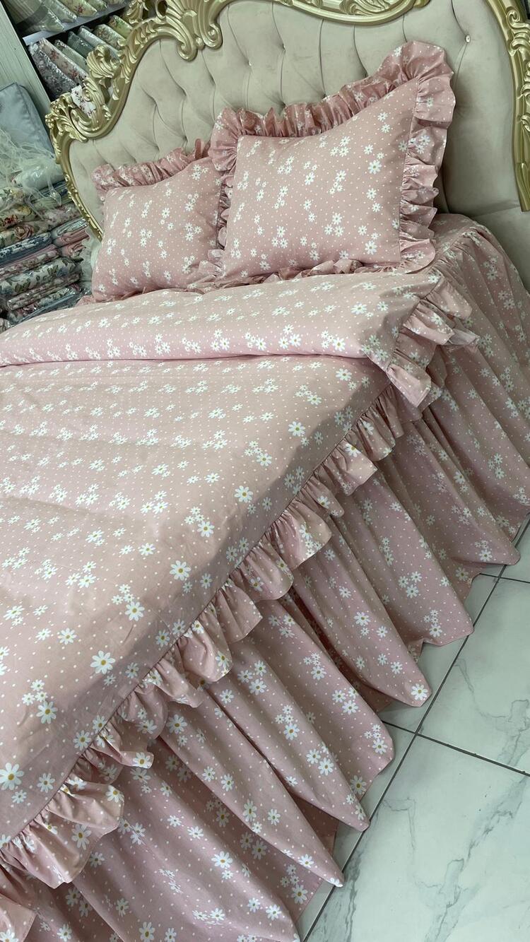 çift kişilik 160x200 cm yatak için fırfırlı etekli lastikli çarşaf, nevresim takımı