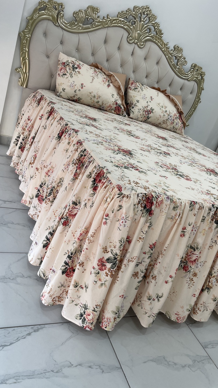 çift kişilik 160x200 cm yatak için fırfırlı etekli lastikli çarşaf takımı ve pike