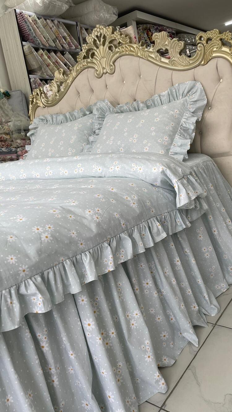 çift kişilik 160x200 cm yatak için fırfırlı etekli lastikli çarşaf, nevresim takımı