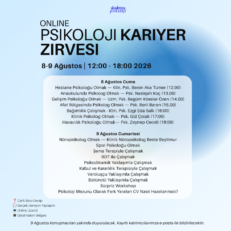 Akademya Psikoloji Kariyer Zirvesi 8-9 Ağustos 2026 · Online