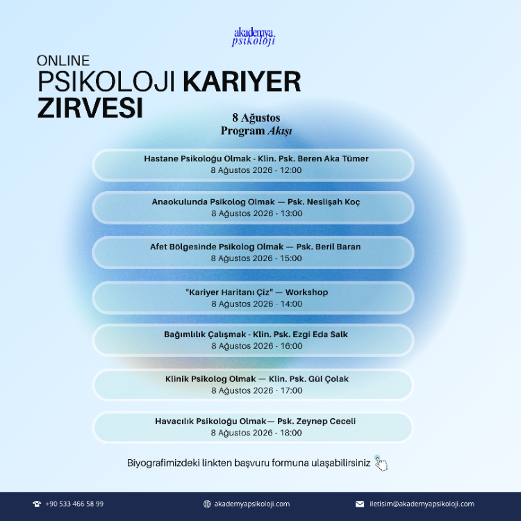 Akademya Psikoloji Kariyer Zirvesi 8-9 Ağustos 2026 · Online