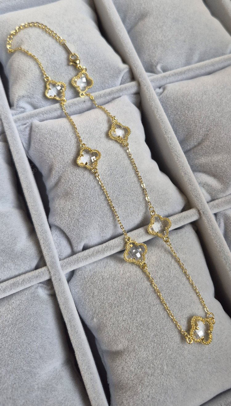 Zirkon Taşlı Çelik Yonca Kolye (14K Gold Renk)