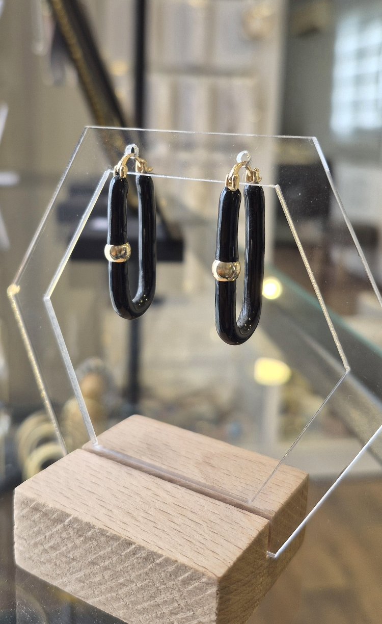 Çelik, Oval Siyah Küpe (Açık Gold Renk)