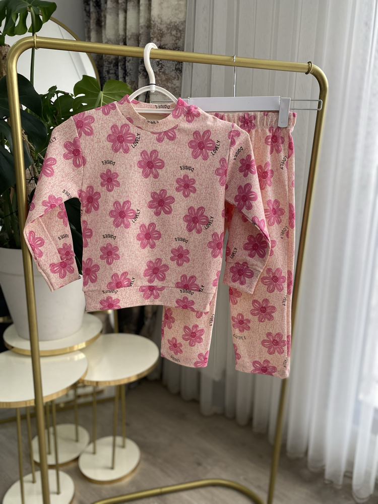 Kız Çocuk Pembe Çiçek Desenli Pijama Takımı