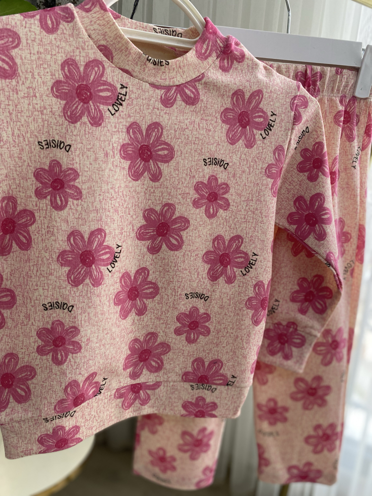 Kız Çocuk Pembe Çiçek Desenli Pijama Takımı