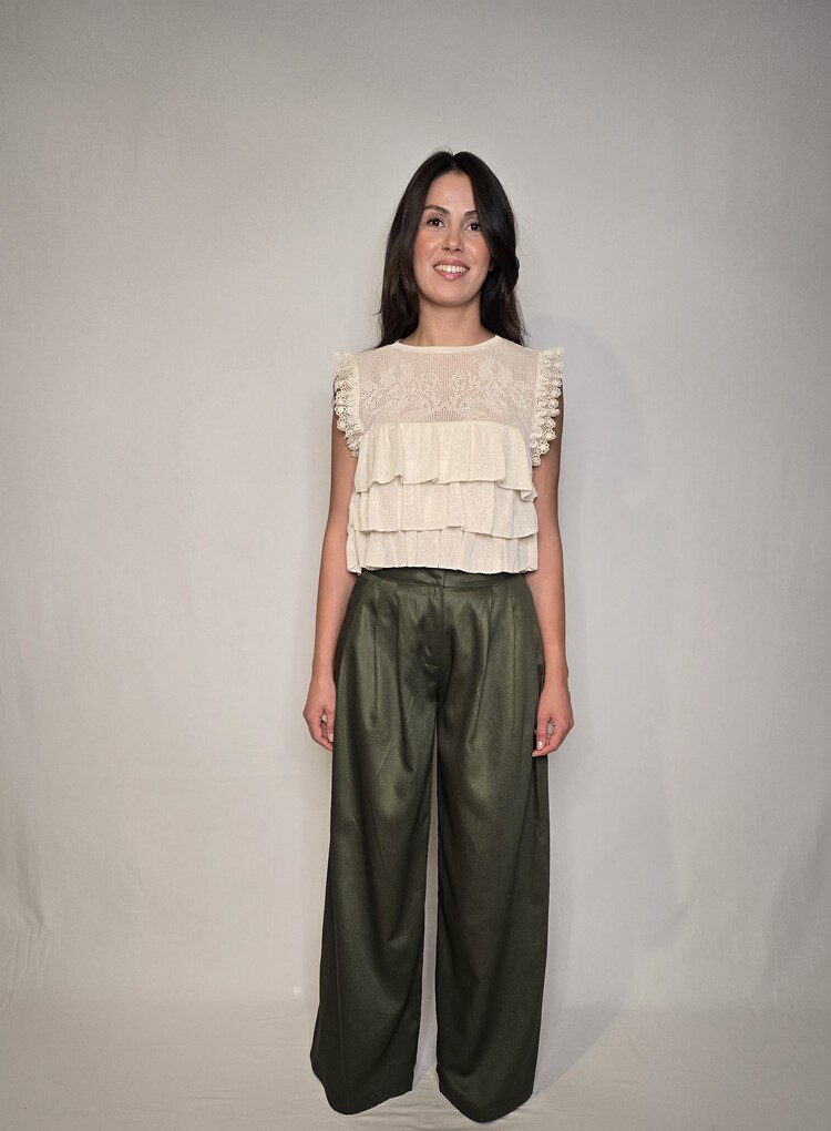 Gabardin Geniş Paça Yeşil Palazzo Pantolon 