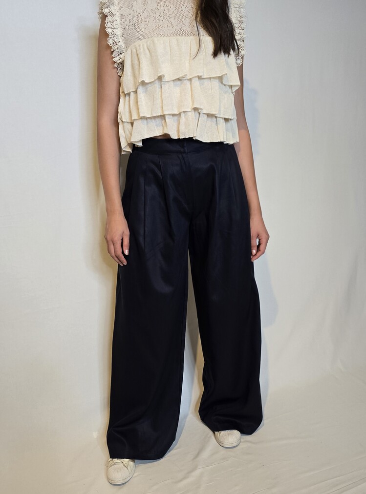 Gabardin Geniş Paça Lacivert Palazzo Pantolon 