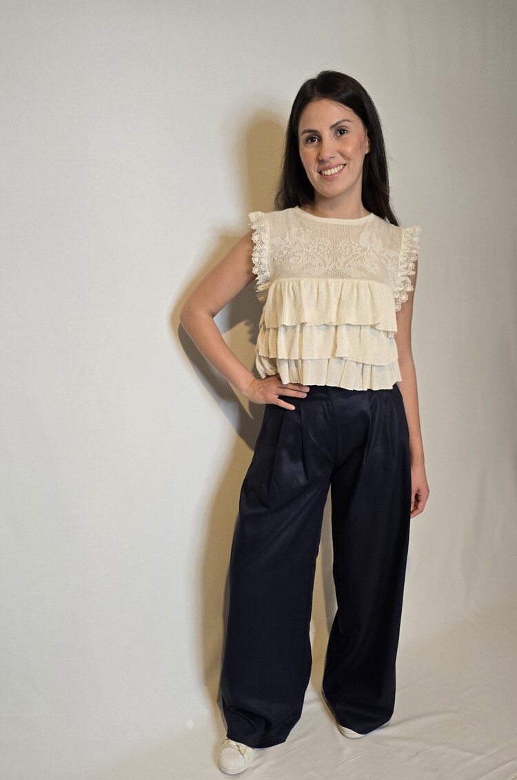 Gabardin Geniş Paça Lacivert Palazzo Pantolon 