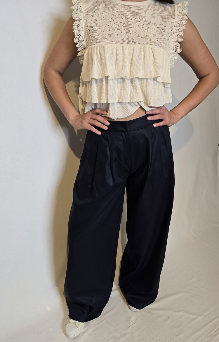 Gabardin Geniş Paça Lacivert Palazzo Pantolon 