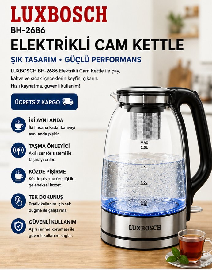 LUXBOSCH BH-2686 Elektrikli Cam Kettle 2.0 L