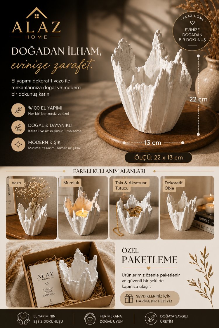 Alaz Home El Yapımı Dekoratif Vazo – 22x13 cm