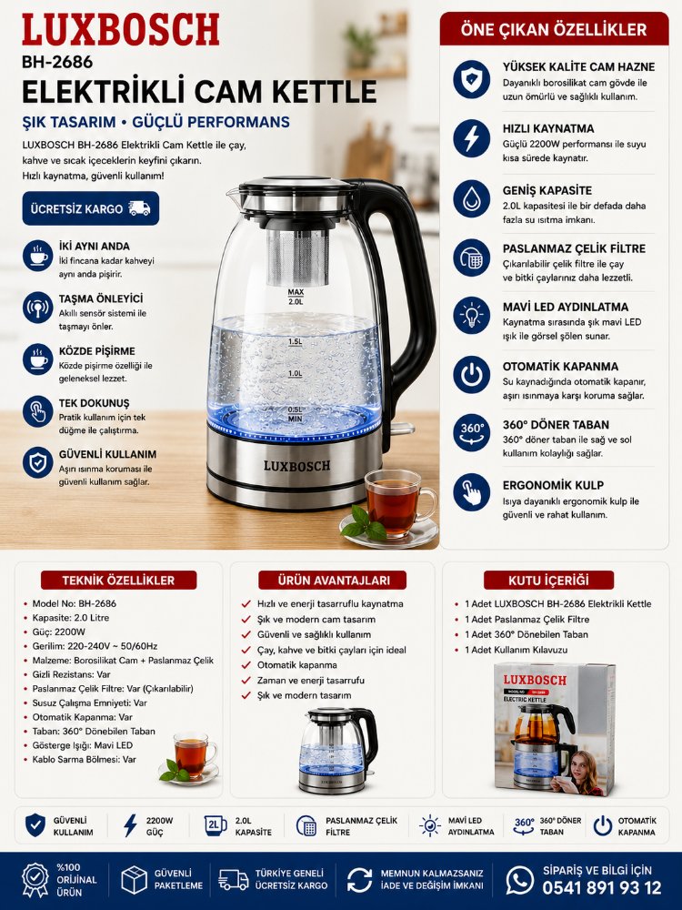 LUXBOSCH BH-2686 Elektrikli Cam Kettle 2.0 L