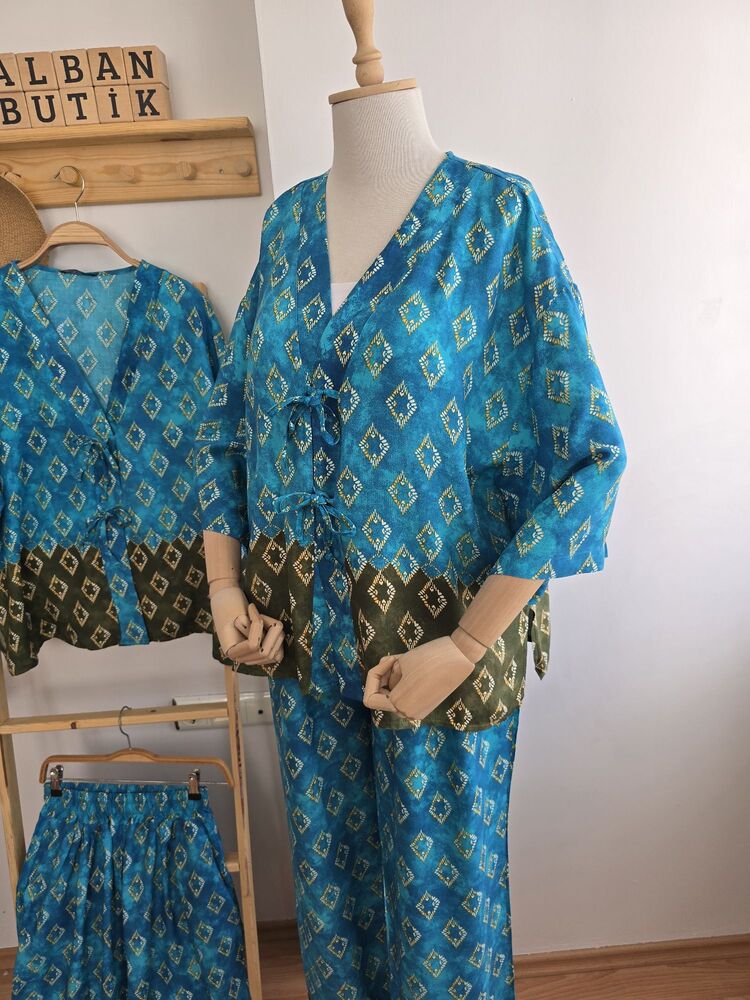 Mavi Yeşil Desenli Kimono Takımı