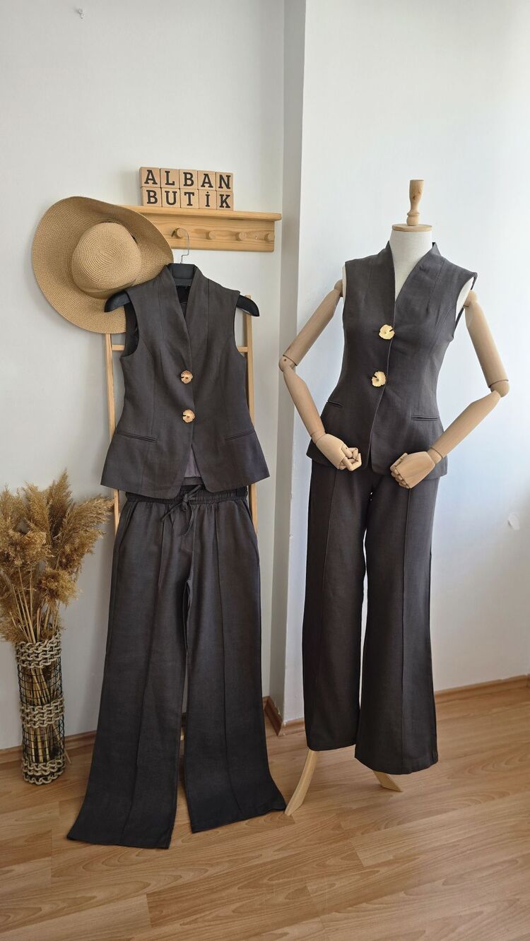 KETEN GRİ %100 COTTON TULİPA YELEK PANTOLON TAKIM