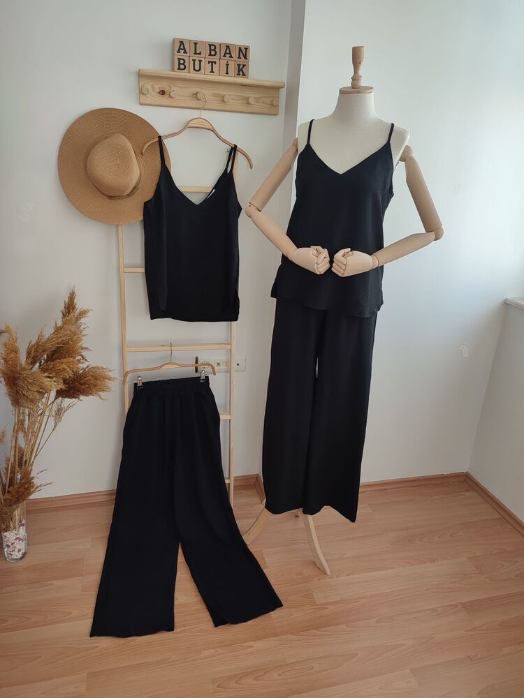 Siyah İp Askılı İthal Ayrobin Kumaş Takım